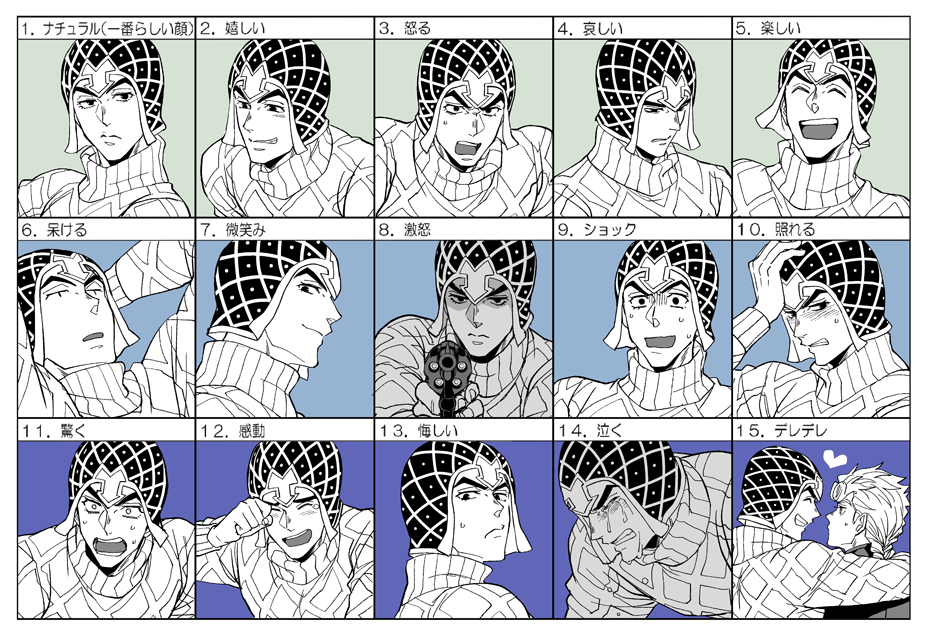aiming_at_viewer angry argyle argyle_sweater expression_chart expressions giorno_giovanna guido_mista gun happy haruko_(chikadoh) holding holding_gun holding_weapon jojo_no_kimyou_na_bouken male_focus monochrome multiple_views revolver sad smile surprised sweat sweater translation_request turtleneck vento_aureo weapon