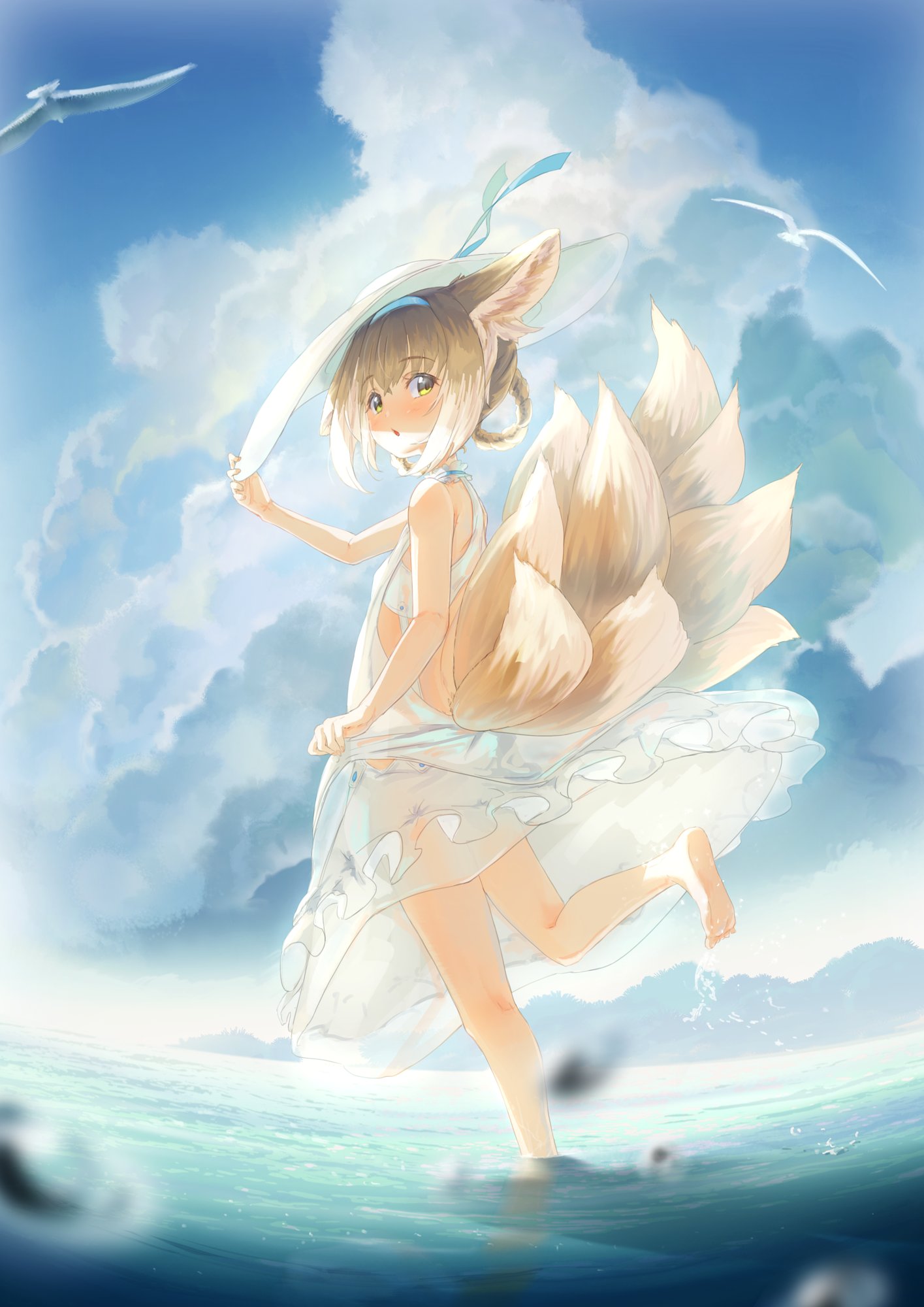 1girl animal animal_ears arknights backless_dress backless_outfit bangs bare_arms bare_shoulders barefoot bird blue_hairband blue_sky blurry blurry_foreground blush braid brown_hair cloud cloudy_sky commentary_request day depth_of_field dress eyebrows_visible_through_hair fox_ears fox_girl fox_tail hair_between_eyes hair_rings hairband hand_on_headwear hand_up hat highres kyuubi looking_at_viewer looking_to_the_side multicolored_hair multiple_tails outdoors parted_lips see-through sky soles solo standing standing_on_one_leg sun_hat suzuran_(arknights) tail twin_braids two-tone_hair water water_drop white_dress white_hair white_headwear widea7 yellow_eyes