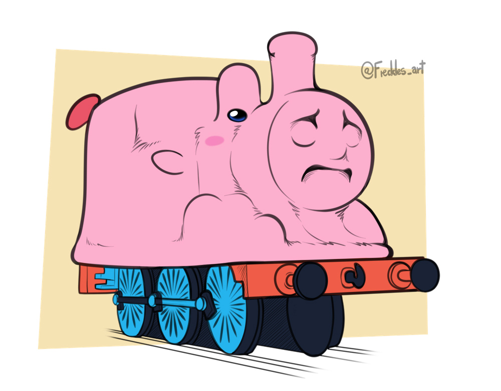 blue_eyes blush_stickers covered_face freckles_art full_body ground_vehicle horror_(theme) kirby kirby_(series) kirby_and_the_forgotten_land mouthful_mode no_humans thomas_the_tank_engine thomas_the_tank_engine_(character) train twitter_username