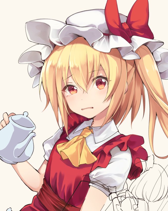 2girls alternate_costume ascot blonde_hair collared_shirt commentary_request enmaided eyebrows_visible_through_hair eyelashes flandre_scarlet hair_between_eyes hair_ribbon holding holding_teapot konpaku_youmu maid maid_headdress multiple_girls one_eye_closed puffy_short_sleeves puffy_sleeves red_eyes red_ribbon red_sash red_vest ribbon sash shirt short_sleeves sketch teapot touhou uneven_eyes unfinished vest white_shirt wing_collar wrist_cuffs yellow_ascot yuki_(popopo)