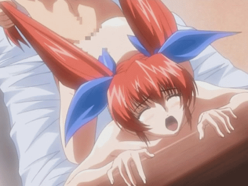 animated animated_gif bed censored closed_eyes doggystyle hair_ribbon hiiragi_takane lowres nee_chanto_shiyou_yo! nude open_mouth red_hair ribbon sex solo_focus twintails