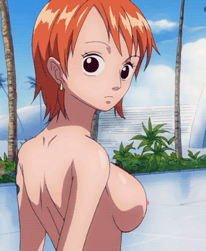 animated animated_gif breast_hold breasts earrings gif jewelry large_breasts lowres nami nami_(one_piece) nipples one_piece photoshop solo