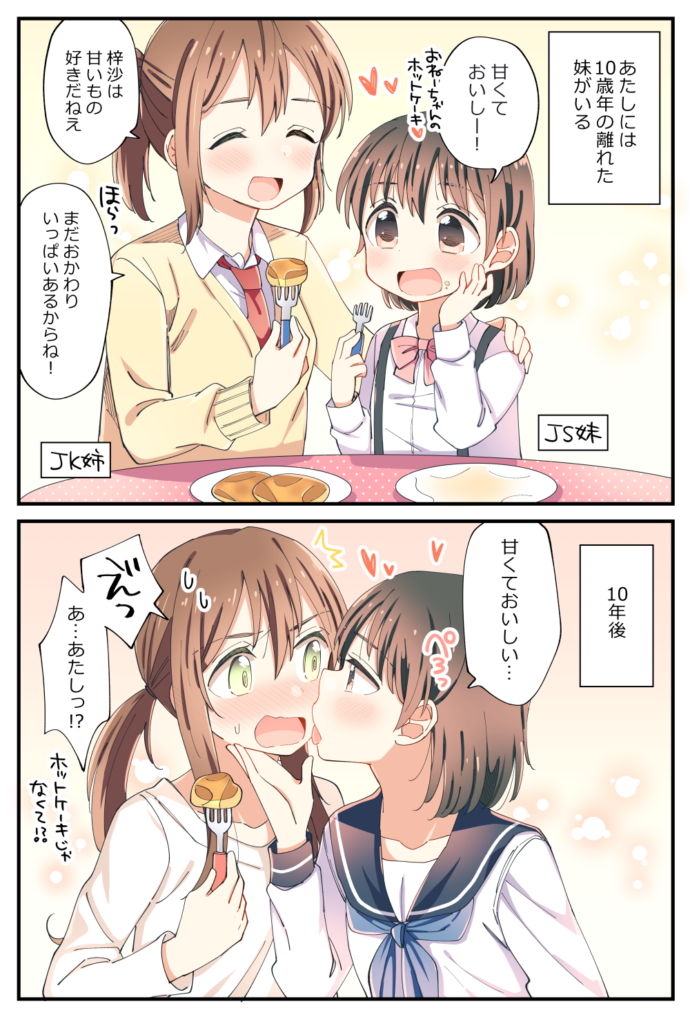 2girls :d ^_^ age_difference black_sailor_collar blush brown_eyes brown_hair child closed_eyes collarbone eye_contact food fork green_eyes hachiko_(hati12) hair_between_eyes highres holding holding_fork incest long_sleeves looking_at_another multiple_girls open_mouth original plate ponytail sailor_collar school_uniform serafuku shirt short_hair short_twintails siblings sisters smile speech_bubble sweater_vest translation_request twintails white_shirt yuri