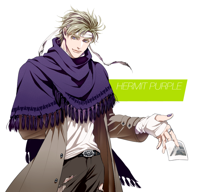 1boy adapted_costume blonde_hair capelet contemporary fingerless_gloves fringe_trim gloves headband hermit_purple hierophant_green humanization jewelry jojo_no_kimyou_na_bouken kobayashi_(oksk0x0) long_coat magician's_red male_focus nail_polish pants photo_(object) platinum_blonde_hair purple_eyes purple_nails ring scarf shawl silver_chariot solo star_platinum stardust_crusaders the_world torn_clothes torn_pants white_headband