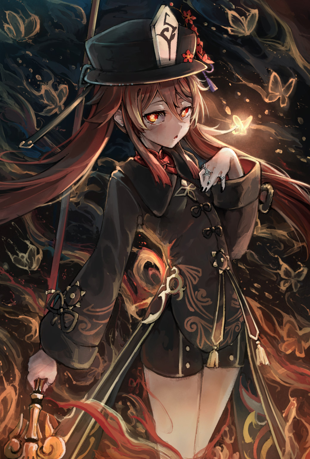 1girl animal black_headwear black_nails black_ribbon black_shorts breasts brown_hair brown_jacket bug butterfly chestnut_mouth chinese_clothes chinese_knot commentary_request fire flower flower-shaped_pupils genshin_impact glowing glowing_butterfly glowing_eyes hair_between_eyes hand_up hat hat_flower highres holding holding_polearm holding_weapon hu_tao_(genshin_impact) jacket jewelry kajaneko long_hair long_sleeves looking_at_viewer looking_to_the_side multicolored_hair parted_lips polearm porkpie_hat red_eyes red_flower red_hair ribbon ring short_shorts shorts sideways_glance small_breasts solo staff_of_homa_(genshin_impact) standing streaked_hair symbol-shaped_pupils tangzhuang tassel twintails very_long_hair weapon wide_sleeves