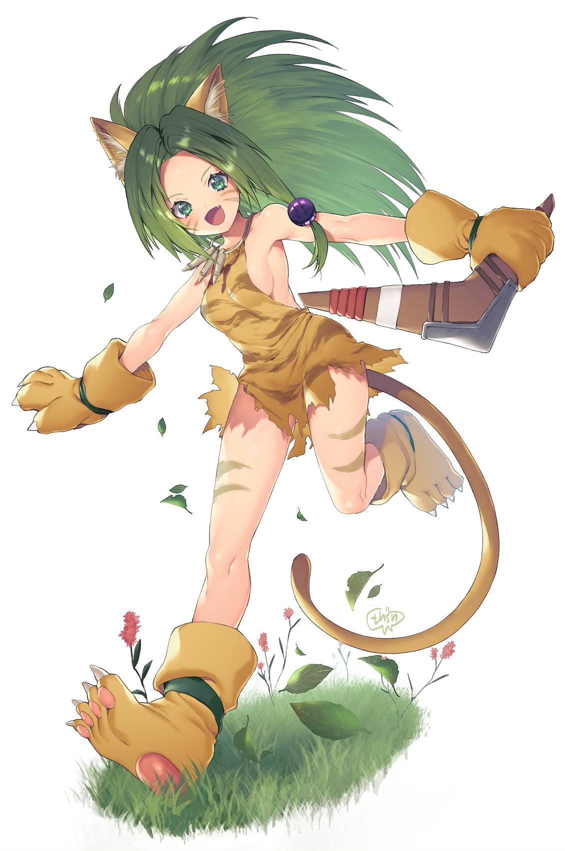 1girl animal_ears animal_hands animal_print boomerang breasts cat_ears cham_cham full_body gloves green_eyes green_hair highres long_hair looking_at_viewer murata_tefu open_mouth paw_gloves paw_shoes samurai_spirits smile solo tail tiger_print