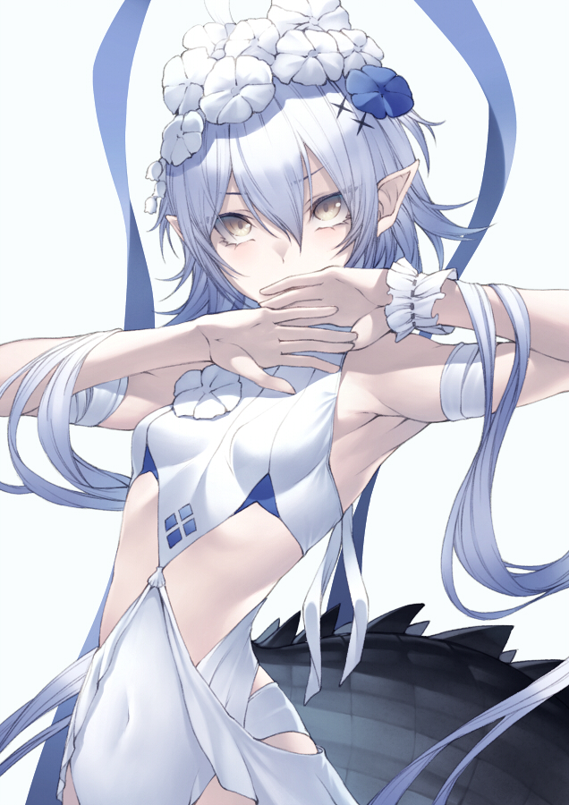 1girl arknights arm_strap armpits arms_up bangs banned_artist blue_flower breasts casual_one-piece_swimsuit covered_navel cowboy_shot crocodilian_tail eyebrows_visible_through_hair flower hair_between_eyes hair_flower hair_ornament kyoeiki long_hair looking_at_viewer official_alternate_costume one-piece_swimsuit pointy_ears scales silver_hair simple_background small_breasts solo swimsuit tomimi_(arknights) tomimi_(silent_night)_(arknights) v-shaped_eyebrows very_long_hair white_background white_flower white_swimsuit wrist_cuffs yellow_eyes