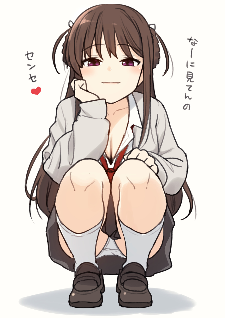 1girl 22/7 bangs blush braid breasts brown_footwear brown_hair cleavage collarbone collared_shirt eyebrows_visible_through_hair full_body grey_skirt grey_sweater hair_rings half-closed_eyes heart long_hair looking_at_viewer medium_breasts miniskirt nagareboshi necktie panties purple_eyes red_necktie school_uniform shadow shirt sidelocks skirt smile socks solo speech_bubble squatting sweater tachikawa_ayaka thighs translated underwear white_legwear white_panties white_shirt