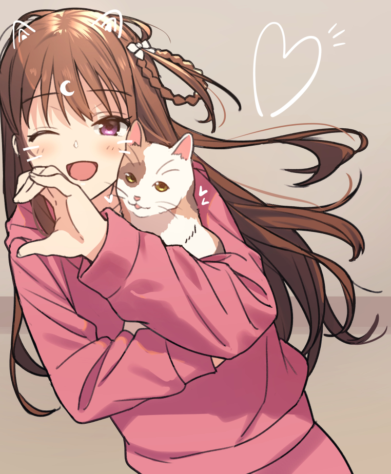 1girl 22/7 :d bangs blush bow braid brown_background brown_hair cat eyebrows_visible_through_hair hair_bow hair_rings heart heart_hands hood hoodie long_hair looking_at_viewer nagareboshi one_eye_closed pink_hoodie purple_eyes simple_background smile solo tachikawa_ayaka upper_body very_long_hair white_bow