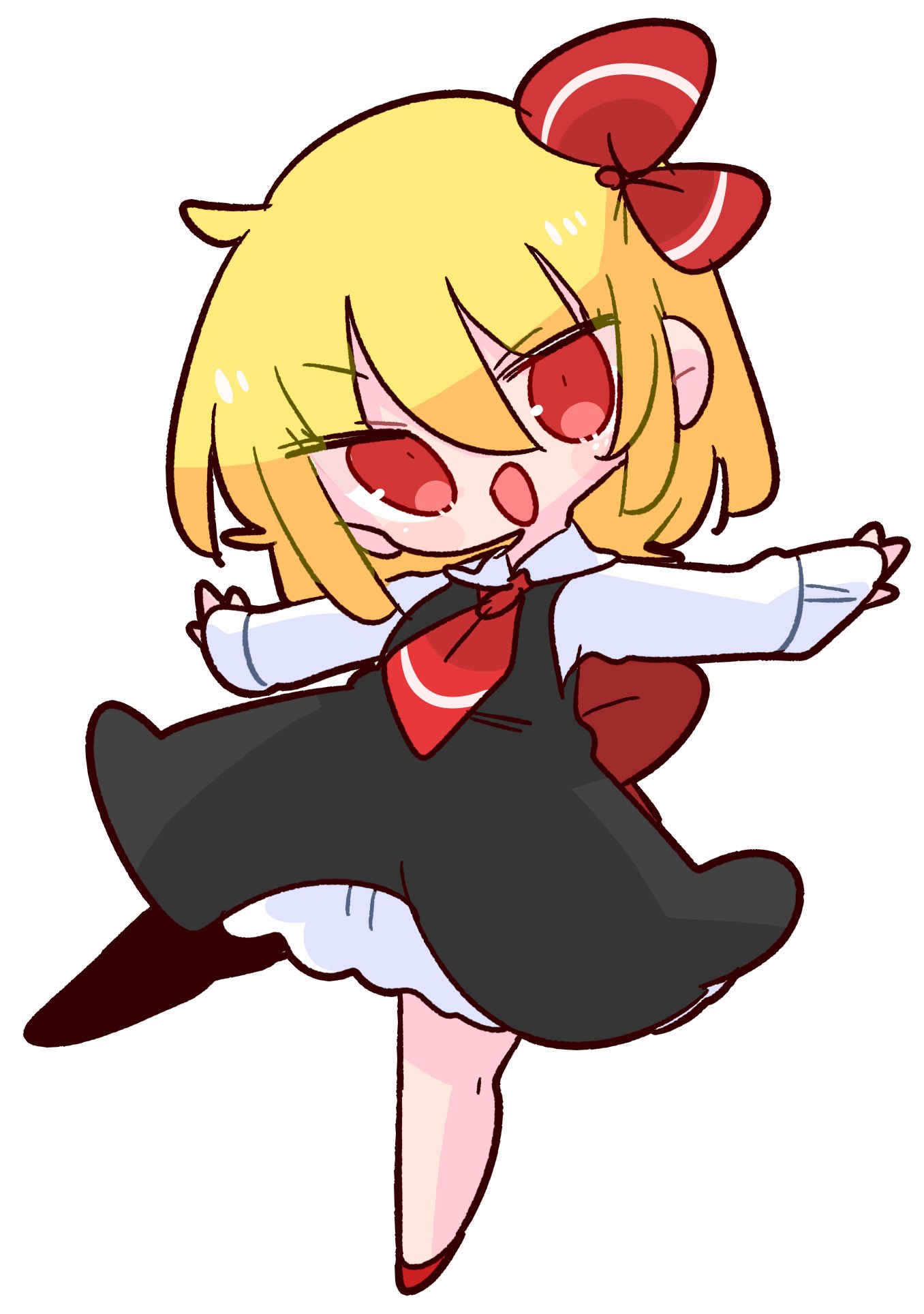 1girl ascot black_dress blonde_hair collared_shirt dress hair_ribbon highres op_na_yarou open_mouth outstretched_arms red_eyes red_footwear red_neckwear red_ribbon ribbon rumia shirt short_hair simple_background solo spread_arms touhou white_background white_shirt