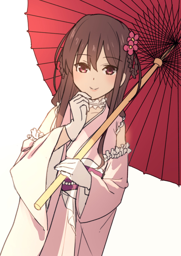 1girl 22/7 bangs blush braid brown_hair closed_mouth collar detached_sleeves dutch_angle eyebrows_visible_through_hair flower frilled_collar frilled_sleeves frills gloves hair_between_eyes hair_flower hair_ornament hair_rings holding holding_umbrella japanese_clothes kimono long_hair long_sleeves looking_at_viewer nagareboshi oil-paper_umbrella pink_flower pink_kimono red_eyes red_umbrella sidelocks simple_background smile solo standing tachikawa_ayaka umbrella white_background white_collar white_gloves wide_sleeves