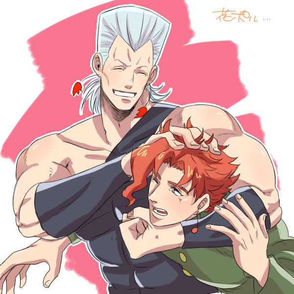 2boys arm_around_neck bare_shoulders biceps cheekbones earrings flattop gakuran grey_hair hotaru_(ss801) jean_pierre_polnareff jewelry jojo_no_kimyou_na_bouken kakyoin_noriaki male_focus multiple_boys noogie red_hair ruffling_hair school_uniform stardust_crusaders