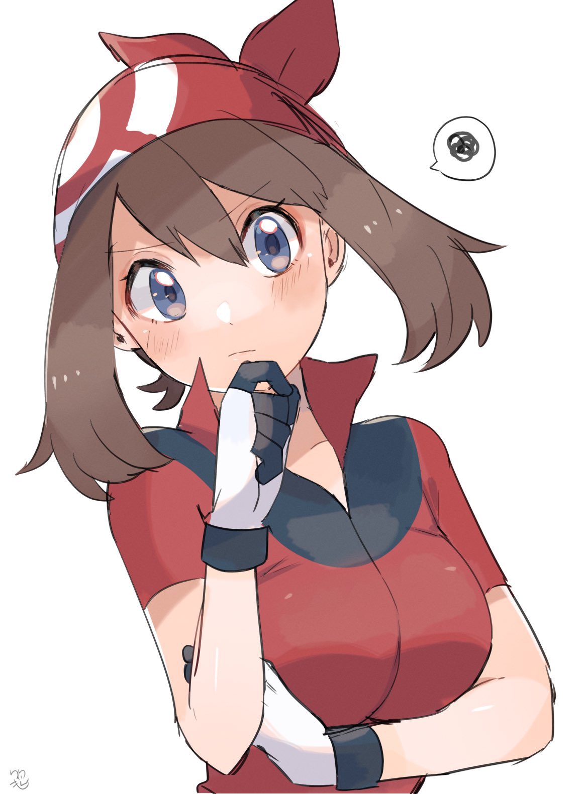 1girl bandana bangs blush breasts brown_hair chin_stroking closed_mouth collared_shirt commentary_request eyebrows_visible_through_hair eyelashes gloves grey_eyes hand_up highres may_(pokemon) medium_hair pokemon pokemon_(game) pokemon_rse red_bandana red_shirt ririmon shirt short_sleeves signature simple_background solo spoken_squiggle squiggle thinking upper_body white_background white_gloves