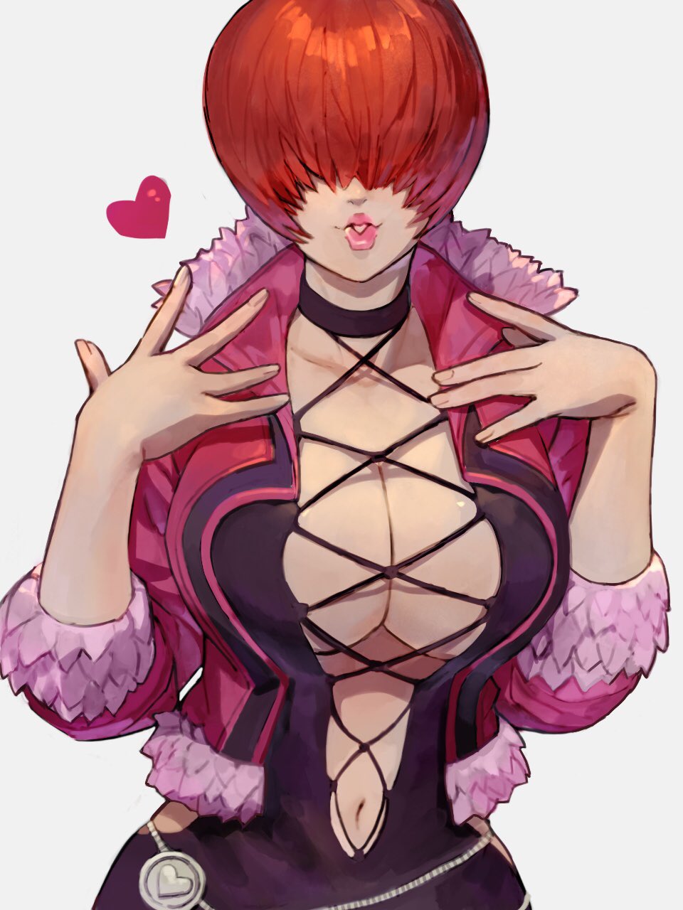 1girl arms_up bangs black_dress breasts brown_hair center_opening chain cleavage collarbone dress feather_trim fingernails hair_between_eyes hair_over_eyes hand_on_own_chest heart highres jacket large_breasts lips long_sleeves looking_at_viewer makeup navel oni_gini parted_lips pink_jacket pink_lips shermie_(kof) short_dress short_hair short_sleeves simple_background solo the_king_of_fighters the_king_of_fighters_xv thighs upper_body white_background