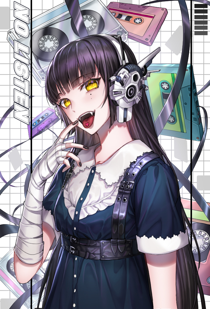 1girl bandages bangs belt black_nails blue_dress blunt_bangs box_(hotpppink) cassette_tape collared_shirt dress eyebrows_visible_through_hair fang fangs frills headphones heart long_hair mole mole_under_eye original shirt short_sleeves solo tongue tongue_out very_long_hair yellow_eyes