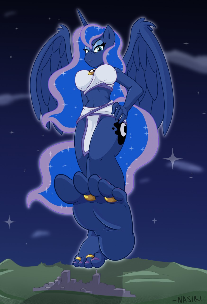 anthro anthrofied barefoot breasts city digit_ring equid feet female friendship_is_magic hi_res jewelry macro mammal my_little_pony nasiri_(artist) princess_luna_(mlp) ring soles solo toe_ring toes