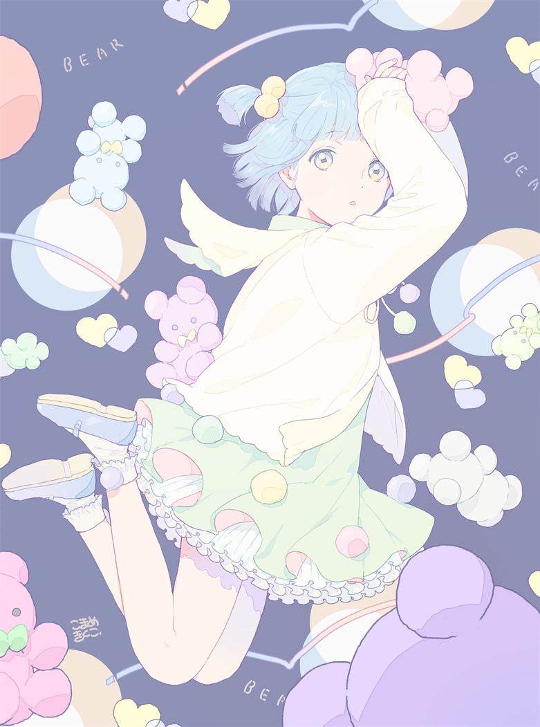1girl :o arms_up bangs blue_hair blunt_bangs bobby_socks child dress frilled_dress frills from_side hair_bobbles hair_ornament holding holding_stuffed_toy jumping looking_at_viewer mary_janes mosuko original pale_color parted_lips petticoat pom_pom_(clothes) shoes short_hair short_twintails socks solo stuffed_animal stuffed_toy tareme teddy_bear twintails yellow_eyes