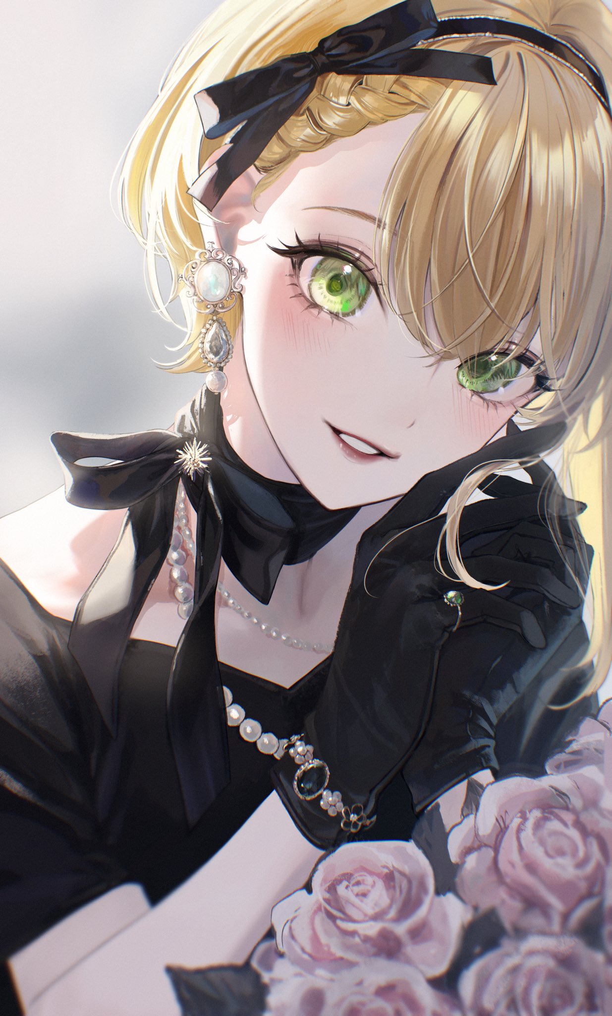 1girl bangs black_ribbon blonde_hair blush bow_hairband earrings eyebrows_visible_through_hair flower gloves green_eyes hair_ornament hairband highres idolmaster idolmaster_cinderella_girls jewelry long_hair looking_at_viewer magako miyamoto_frederica necklace own_hands_together ribbon simple_background solo upper_body