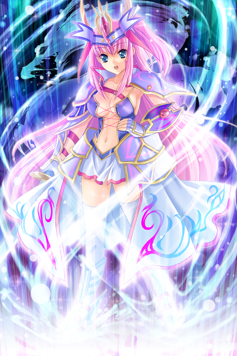 1girl :d armor bangs blue_eyes breasts cleavage collarbone eyebrows_visible_through_hair faulds fingerless_gloves floating_hair game_cg gloves hair_between_eyes hair_ornament hand_on_hip highres holding holding_sword holding_weapon katana kinmedai_pink large_breasts long_hair looking_at_viewer midriff miniskirt navel pink_hair seiryuu_tenmu shiny shiny_hair shoulder_armor shouryuu_senki_tenmu side_ponytail skirt smile solo standing stomach sword thighhighs very_long_hair waist_cape weapon white_gloves white_legwear white_skirt zettai_ryouiki