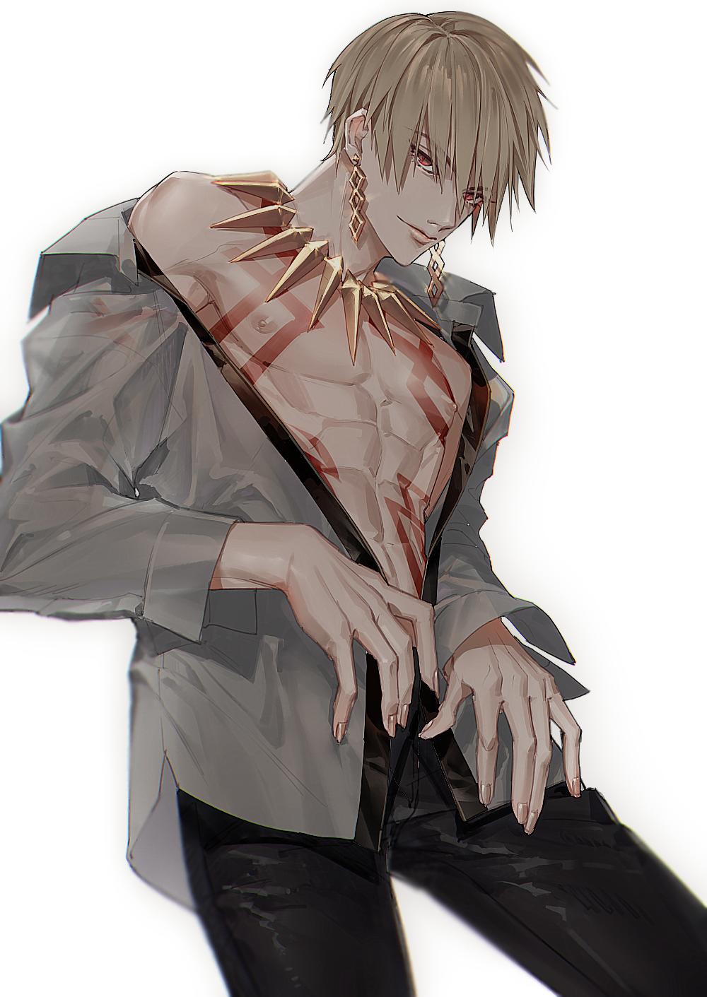 1boy bangs bare_shoulders blonde_hair breast_tattoo earrings fate/extella fate/extella_link fate/extra fate/extra_ccc fate/grand_order fate/stay_night fate/zero fate_(series) feet_out_of_frame gilgamesh_(fate) highres jewelry kiki_(re_6xxx) looking_at_viewer male_focus muscular muscular_male necklace nipples red_eyes shirt short_hair smile tattoo toned type-moon undressing