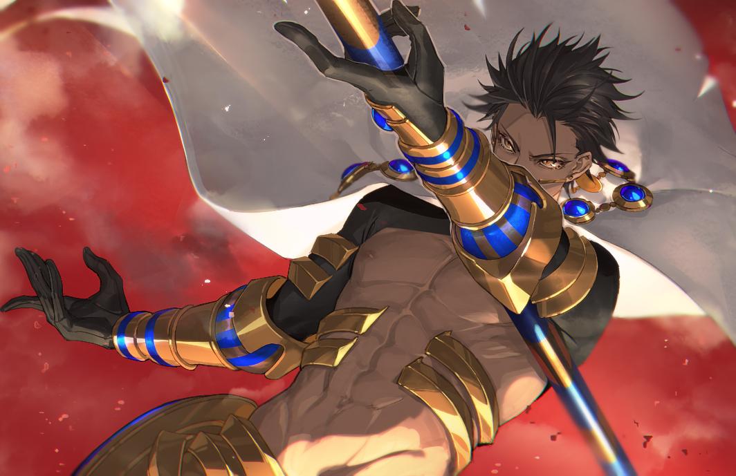1boy brown_hair cape choker dark-skinned_male dark_skin earrings egyptian_clothes fate/grand_order fate/prototype fate/prototype:_fragments_of_blue_and_silver fate_(series) feet_out_of_frame gloves holding jewelry kiki_(re_6xxx) male_focus muscular muscular_male necklace nipples ozymandias_(fate) short_hair solo toned toned_male type-moon upper_body yellow_eyes