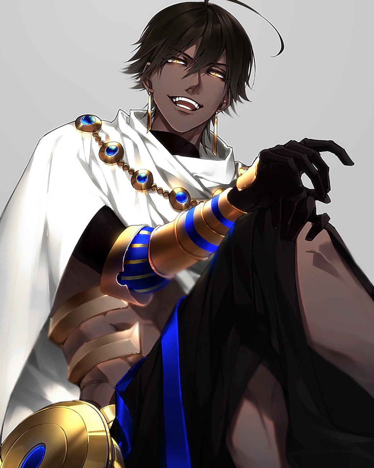 1boy ahoge bangs brown_hair cape dark-skinned_male dark_skin earrings egyptian_clothes fate/grand_order fate/prototype fate/prototype:_fragments_of_blue_and_silver fate_(series) feet_out_of_frame grey_background hair_between_eyes highres jewelry kiki_(re_6xxx) looking_at_viewer male_focus muscular muscular_male open_mouth ozymandias_(fate) short_hair sitting smile toned toned_male type-moon yellow_eyes