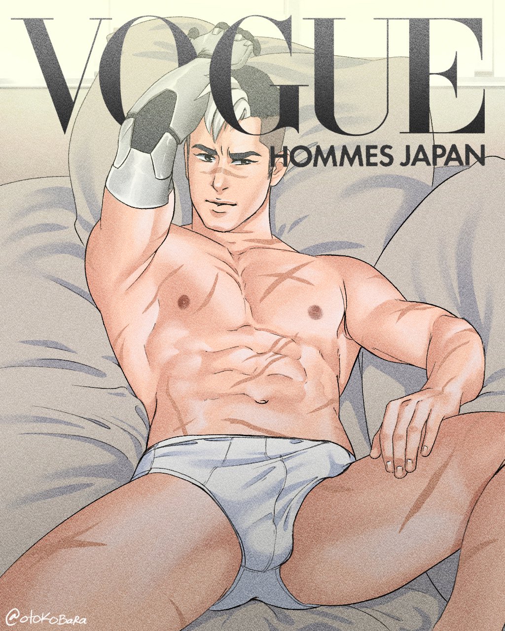 1boy abs bara bed black_hair briefs closed_mouth cover fake_magazine_cover highres hyakujuu-ou_golion large_pectorals looking_at_viewer magazine_cover male_focus male_underwear mechanical_arms muscular muscular_male navel nipples on_bed otokobara pectorals prosthesis prosthetic_arm scar scar_on_arm scar_on_chest scar_on_face scar_on_leg scar_on_nose short_hair single_mechanical_arm solo takashi_shirogane thick_thighs thighs twitter_username undercut underwear vogue_(magazine) voltron:_legendary_defender white_hair white_male_underwear