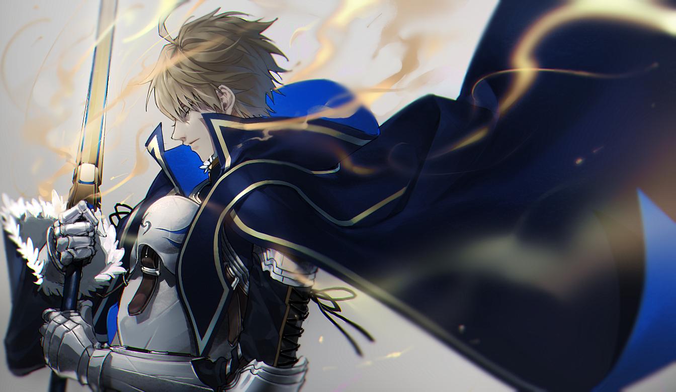 1boy ahoge armor arthur_pendragon_(fate) blonde_hair cape closed_eyes closed_mouth excalibur_(fate/prototype) fate/grand_order fate/prototype fate/prototype:_fragments_of_blue_and_silver fate_(series) gauntlets gradient gradient_background grey_background holding holding_sword holding_weapon kiki_(re_6xxx) male_focus short_hair solo sword upper_body weapon
