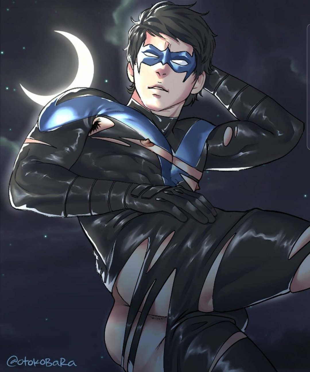1boy ass bara batman_(series) black_bodysuit black_hair blue_bodysuit bodysuit crescent_moon dc_comics dick_grayson domino_mask highres large_pectorals lying male_focus mask moon muscular muscular_male night night_sky nightwing nipples on_side otokobara outdoors parted_lips pectorals shiny shiny_clothes short_hair sky solo star_(sky) taut_bodysuit taut_clothes thick_thighs thighs torn_bodysuit torn_clothes twitter_username two-tone_bodysuit