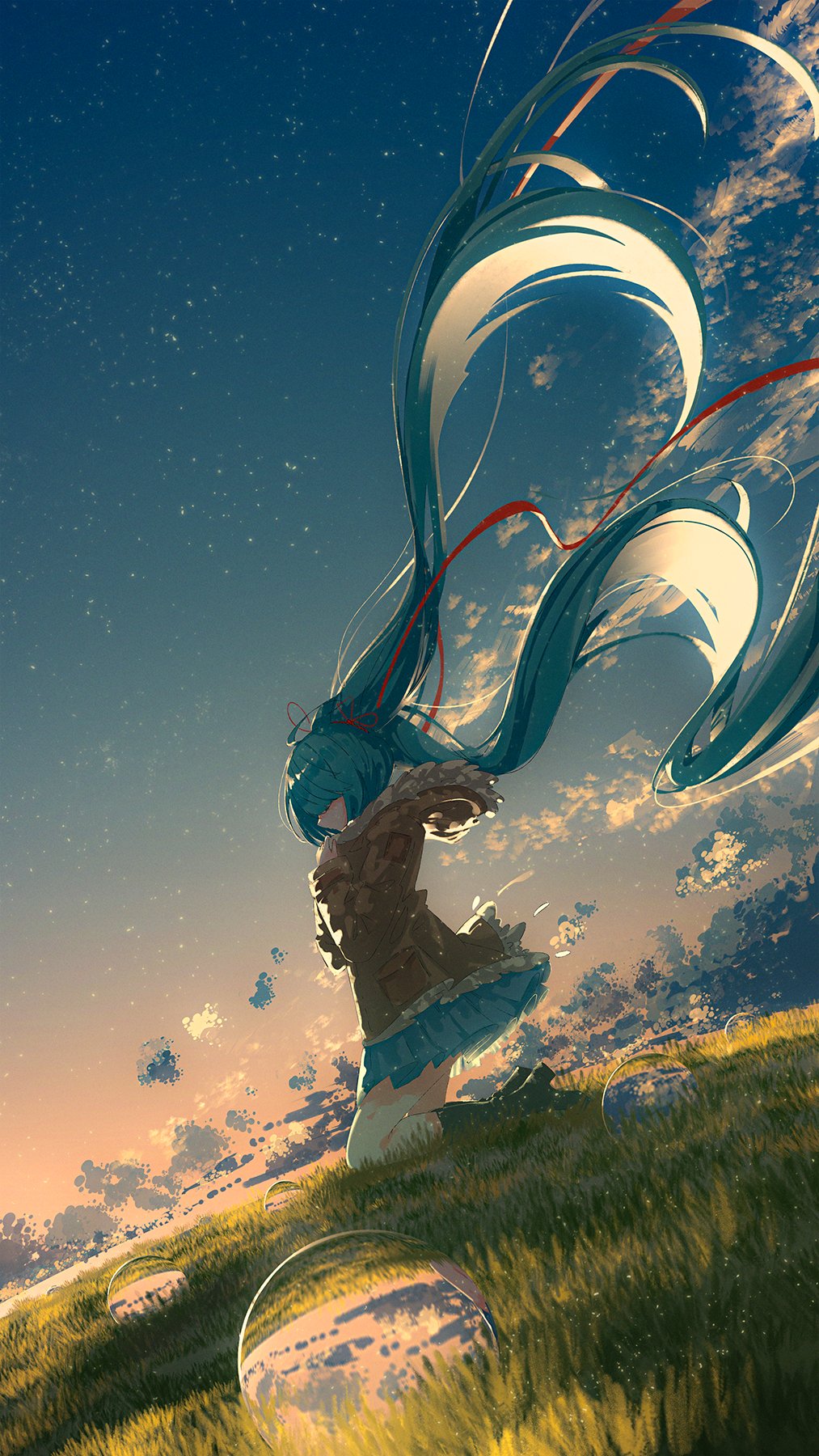 1girl absurdly_long_hair aqua_hair black_footwear blue_skirt blush boots brown_jacket chocoshi cloud commentary covered_eyes dutch_angle english_commentary field floating_hair from_side fur-trimmed_jacket fur_trim gradient_sky grass hair_over_eyes hair_ribbon hands_on_own_chest hatsune_miku high_heel_boots high_heels highres hood hooded_jacket jacket kneeling light_particles long_hair long_sleeves miniskirt mixed-language_commentary on_ground orb outdoors own_hands_together pleated_skirt profile red_ribbon reflection ribbon skirt sky solo star_(sky) starry_sky twilight twintails very_long_hair vocaloid water water_drop white_legwear