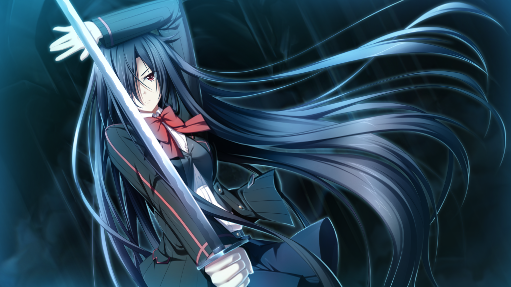 1girl absurdly_long_hair black_hair black_jacket blue_skirt bow bowtie closed_mouth collared_shirt dress_shirt floating_hair frown game_cg hair_over_one_eye hatozuki_tsumiki holding holding_sword holding_weapon indoors jacket kashiwagi_narumi katana long_hair long_sleeves looking_at_viewer miniskirt open_clothes open_jacket pleated_skirt red_bow red_bowtie red_eyes school_uniform shiny shiny_hair shirt skirt solo soukoku_no_arterial standing straight_hair sword very_long_hair weapon white_shirt wing_collar