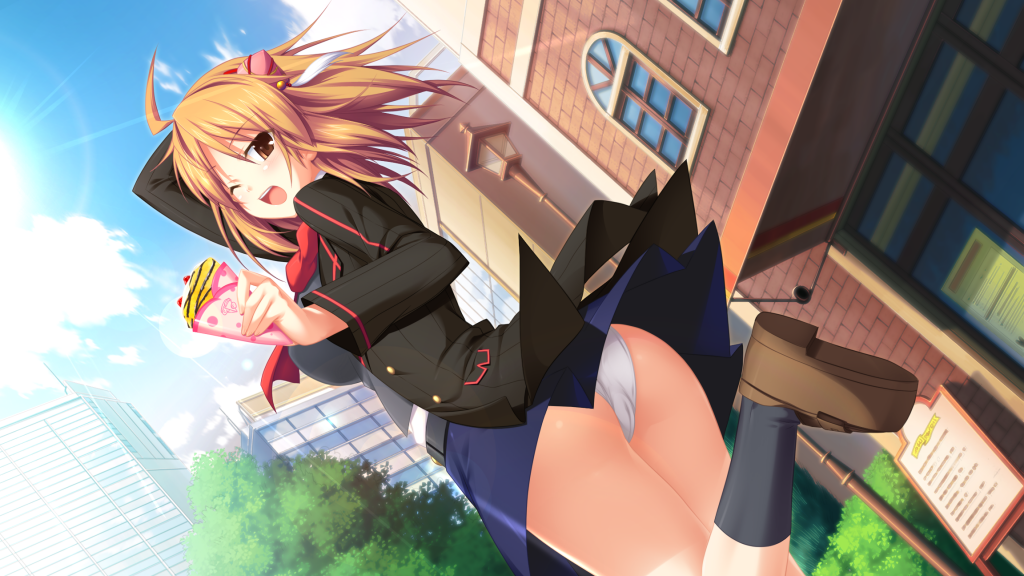 1girl ;d ahoge arm_up bangs black_jacket black_legwear blonde_hair blue_skirt blue_sky brown_eyes brown_footwear cameltoe cloud crepe day dutch_angle eyebrows_visible_through_hair food game_cg grey_sweater hair_between_eyes hair_ornament hairband hatozuki_tsumiki holding holding_food jacket kitagawa_akari kneehighs leotard long_hair long_sleeves looking_at_viewer looking_back miniskirt one_eye_closed open_clothes open_jacket outdoors panties pantyshot pleated_skirt red_hairband red_neckwear shiny shiny_hair skirt sky smile solo soukoku_no_arterial sunlight sweater underwear white_panties