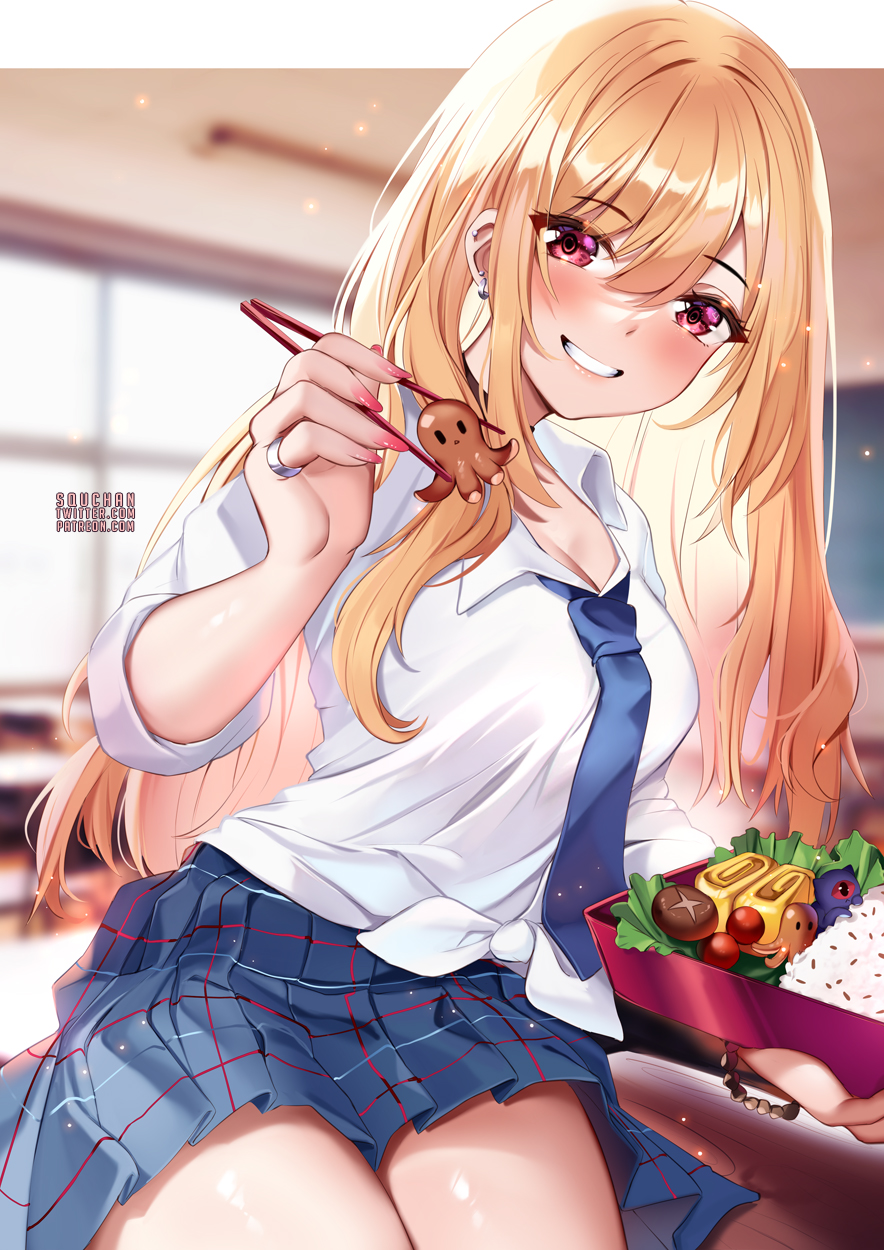 1girl bangs bento blonde_hair blue_necktie blue_skirt blurry blurry_background blush breasts chopsticks cleavage commentary cowboy_shot earrings english_commentary eyebrows_visible_through_hair grin hair_between_eyes highres holding holding_chopsticks indoors jewelry kitagawa_marin large_breasts long_hair looking_at_viewer miniskirt nail_polish necktie pink_nails pleated_skirt purple_eyes rice ring shirt sitting skirt smile solo sono_bisque_doll_wa_koi_wo_suru squchan very_long_hair white_shirt