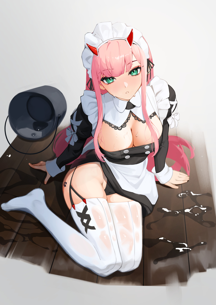 1girl alternate_costume apron bangs black_dress black_panties black_ribbon breasts bucket cameltoe cleavage darling_in_the_franxx dress enmaided ett eyebrows_visible_through_hair frilled_apron frills garter_straps green_eyes hair_ribbon horns juliet_sleeves large_breasts long_hair long_sleeves looking_at_viewer maid maid_headdress no_shoes panties parted_lips pink_hair puffy_sleeves ribbon shiny shiny_hair sitting thighhighs thighs underwear wet_legwear white_apron white_legwear wooden_floor zero_two_(darling_in_the_franxx)