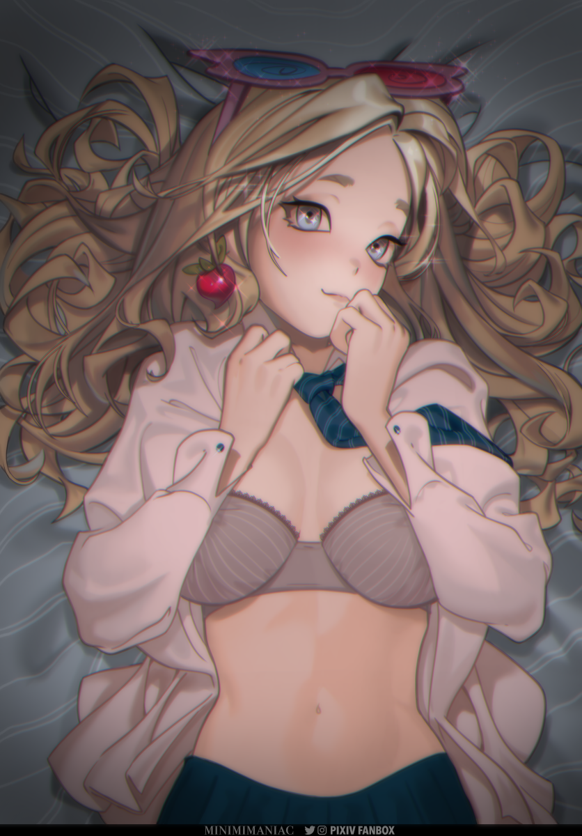 artist_name bed_sheet blonde_hair blue_eyes blue_skirt blush bra braid breasts commentary dark earrings english_commentary eyelashes eyewear_on_head facing_to_the_side food-themed_earrings glasses grey_bra hands_up harry_potter_(series) highres jewelry large_breasts long_hair long_sleeves looking_at_viewer luna_lovegood lying minimimaniac navel necktie on_back on_bed open_clothes open_shirt radish shirt sideways_glance skirt smile sparkle striped_necktie underwear upper_body white_shirt