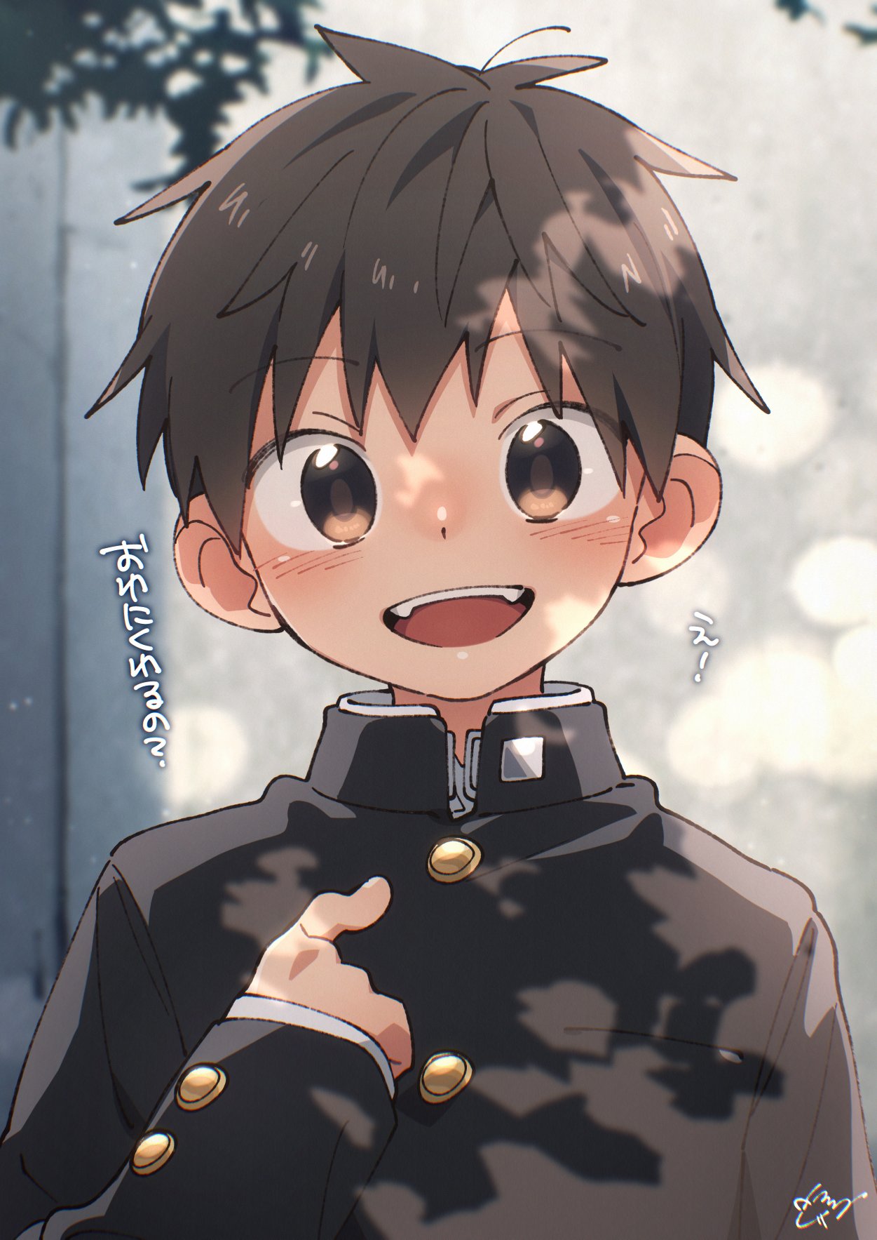 1boy bangs black_jacket blush brown_eyes brown_hair eyebrows_visible_through_hair highres jacket keitomato long_sleeves looking_at_viewer male_focus open_mouth original outdoors pointing pointing_at_self school_uniform short_hair signature smile solo symbol-only_commentary teeth translation_request upper_body upper_teeth