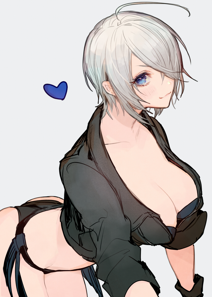 1girl ahoge angel_(kof) arm_up ass black_gloves blue_eyes blush breasts cleavage collarbone crop_top cropped_jacket gloves grey_background hair_over_one_eye hand_on_hip heart highres jacket large_breasts leaning_forward looking_at_viewer midriff navel oro_(sumakaita) revealing_clothes short_hair simple_background smile solo stomach the_king_of_fighters thighs white_hair