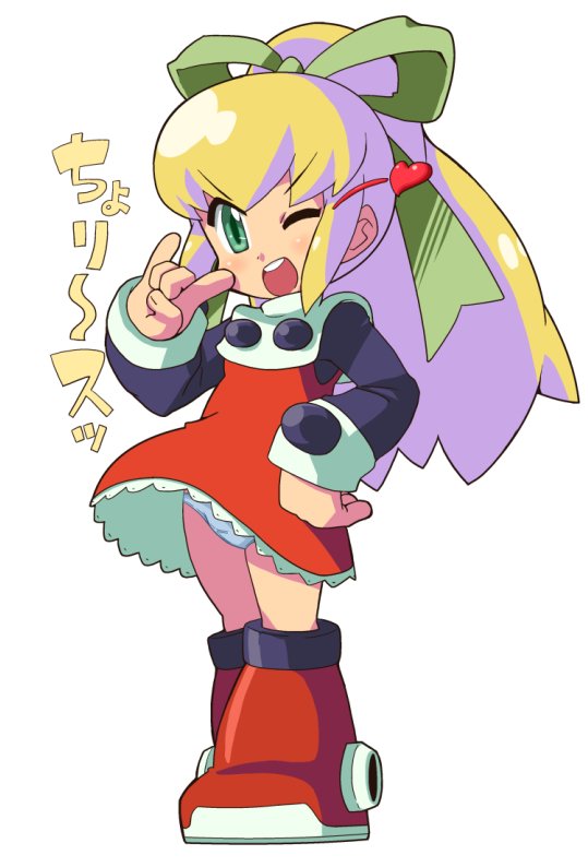 1girl blonde_hair dress full_body green_eyes green_ribbon hair_ribbon ki_(adotadot) long_hair looking_at_viewer mega_man_(classic) mega_man_(series) open_mouth panties ponytail red_dress red_skirt ribbon roll_(mega_man) simple_background skirt smile solo underwear white_background