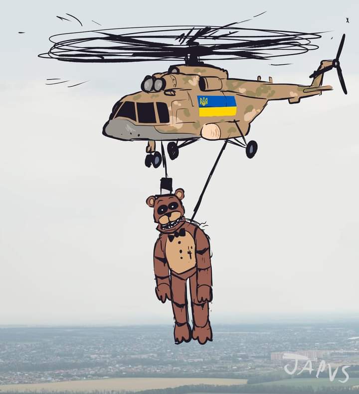 aircraft animatronic anthro black_sclera brown_body brown_fur camo city city_background five_nights_at_freddy's flying freddy_(fnaf) fur hanging_(disambiguation) helicopter japversus machine male mammal mi-8 midair military military_vehicle necktie robot scottgames sky solo ukraine ukrainian_flag ursid video_games what wheel white_eyes