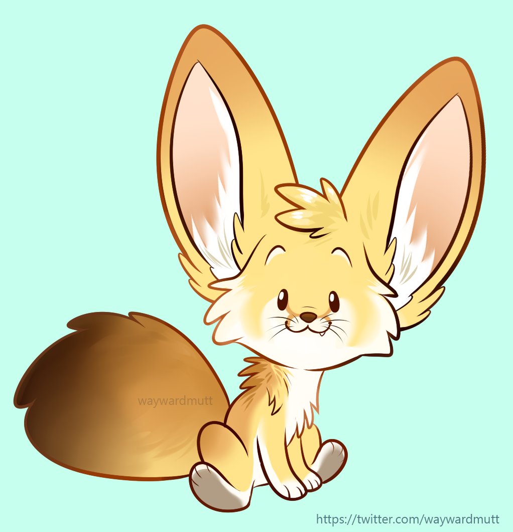 ambiguous_gender big_ears canid canine chibi fennec feral fox looking_at_viewer mammal paws sitting smile snaggle_tooth solo watermark waywardmutt