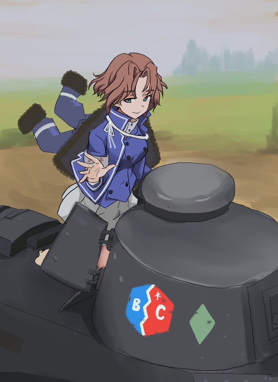 1girl azumi_(girls_und_panzer) bangs bc_freedom_(emblem) bc_freedom_military_uniform blue_eyes blue_jacket blue_vest brown_hair closed_mouth commentary_request day dress_shirt emblem fourragere ft-17 girls_und_panzer ground_vehicle high_collar highres jacket korean_commentary long_sleeves looking_at_viewer military military_uniform military_vehicle motor_vehicle outdoors parted_bangs perfect_han shirt short_hair smile solo tank uniform vest waving white_shirt