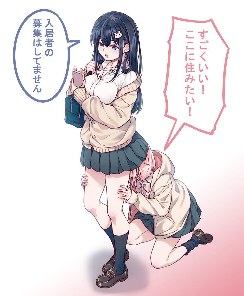 2girls 40hara :o black_hair black_legwear blue_eyes cellphone hair_ornament head_under_skirt highres hood hoodie kneehighs kneeling leg_grab long_hair multiple_girls original phone pink_hair school_uniform short_hair simple_background smartphone translated yuri