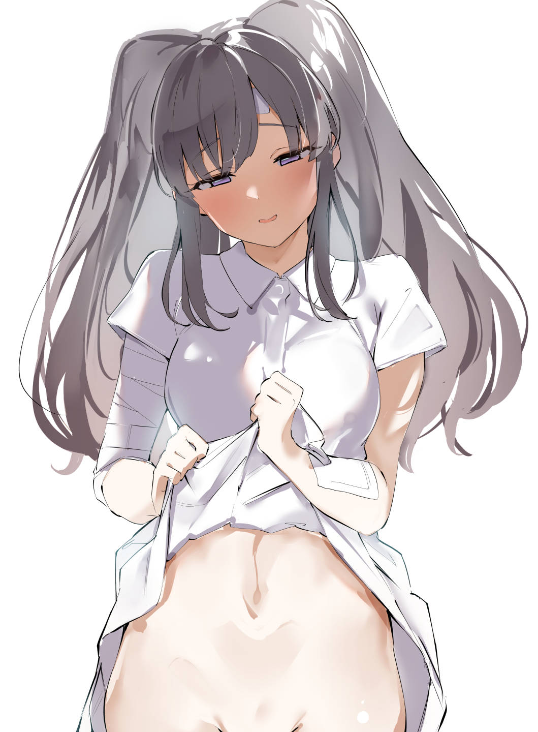 1girl bandaged_arm bandages bandaid bandaid_on_arm bandaid_on_forehead bangs blush breasts clothes_lift collared_dress commentary cowboy_shot dress dress_lift eyebrows_visible_through_hair grey_hair groin half-closed_eyes hands_up highres idolmaster idolmaster_shiny_colors karan lifted_by_self long_hair looking_at_viewer medium_breasts no_panties out-of-frame_censoring parted_lips purple_eyes short_sleeves sidelocks simple_background solo standing twintails white_background white_dress yuukoku_kiriko