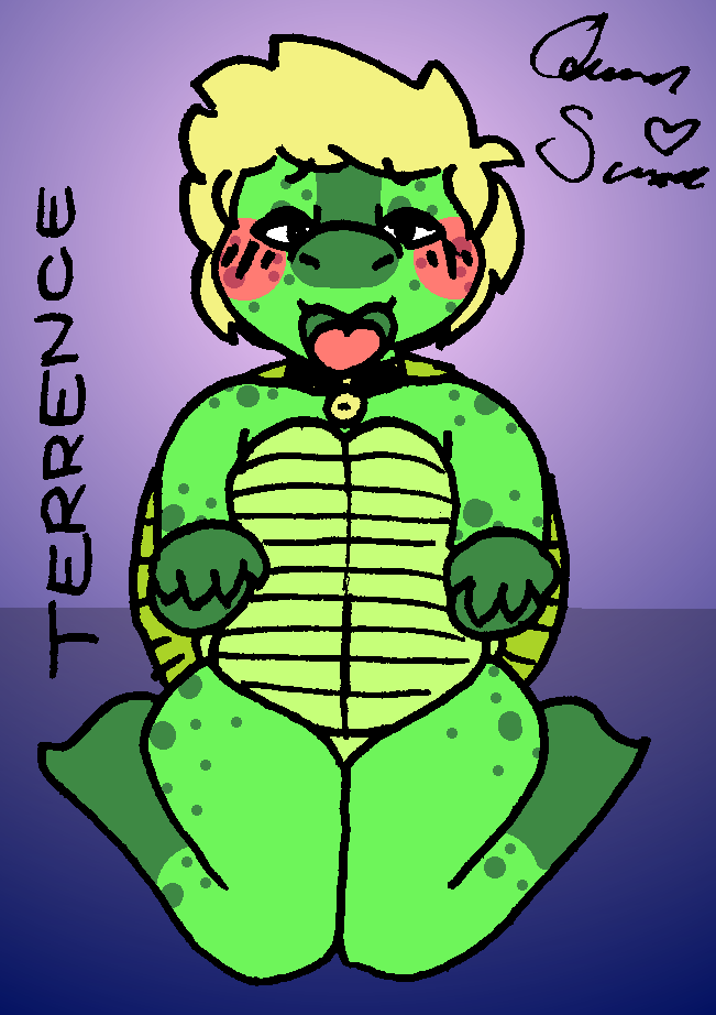 anthro bell black_collar blonde_hair blush blush_lines collar collar_only flat_colors freckles freckles_on_butt freckles_on_shoulders gradient_background green_body green_scales green_shell hair looking_at_viewer looking_pleasured male no_shading nude open_mouth paw_pose pose queen_susie reptile scales scalie shell signature simple_background solo submissive submissive_anthro submissive_male terrence_(wetwaffls) text tongue tongue_out tortoise turtle turtle_shell wide_hips