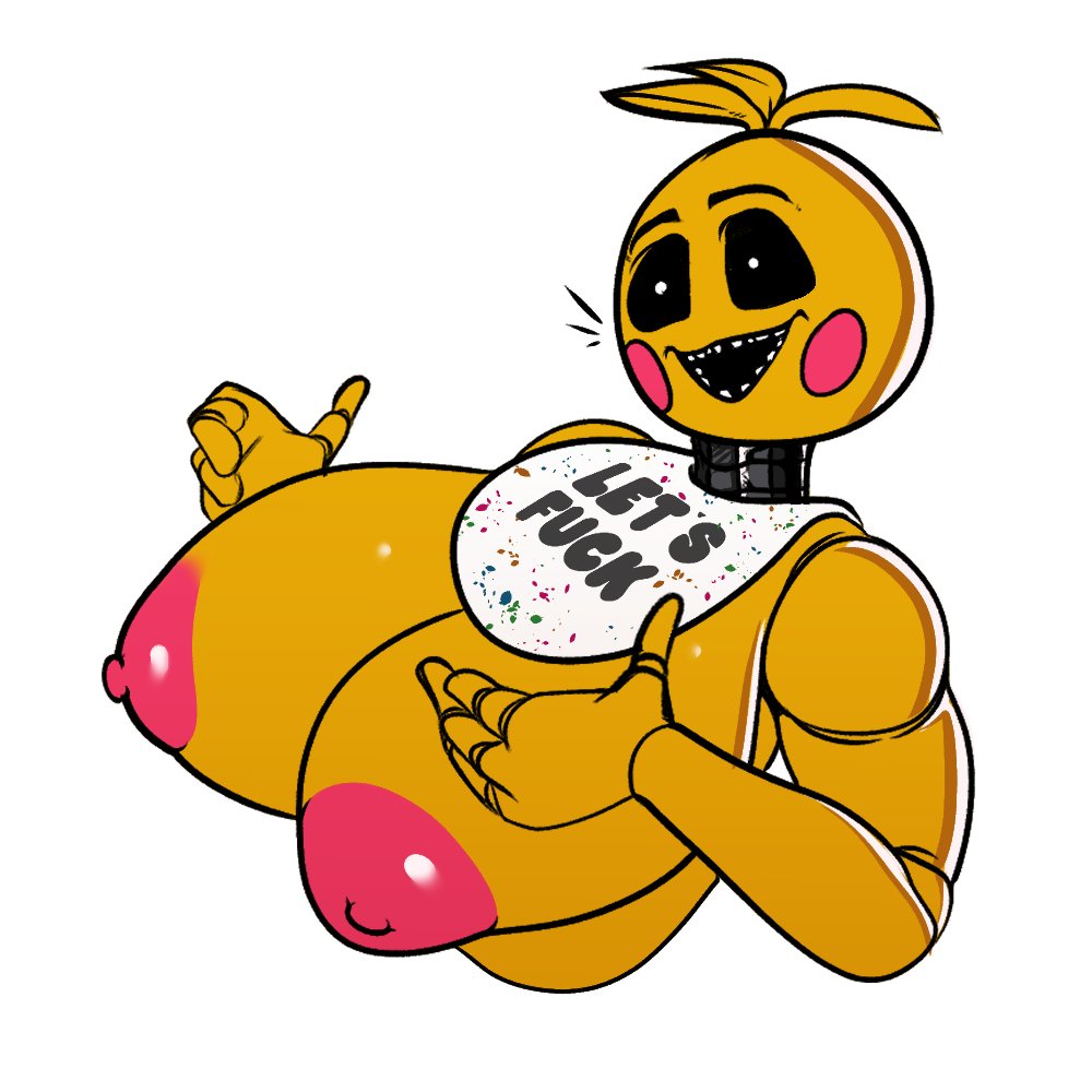 2022 animatronic anthro areola avian beakless bib big_areola big_breasts bird blush blush_stickers breasts chicken digital_media_(artwork) english_text female five_nights_at_freddy's five_nights_at_freddy's_2 galliform gallus_(genus) huge_breasts machine nipples non-mammal_breasts open_mouth phasianid pink_nipples robot scottgames solo text toy_chica_(fnaf) video_games yeehawt0wn yellow_body