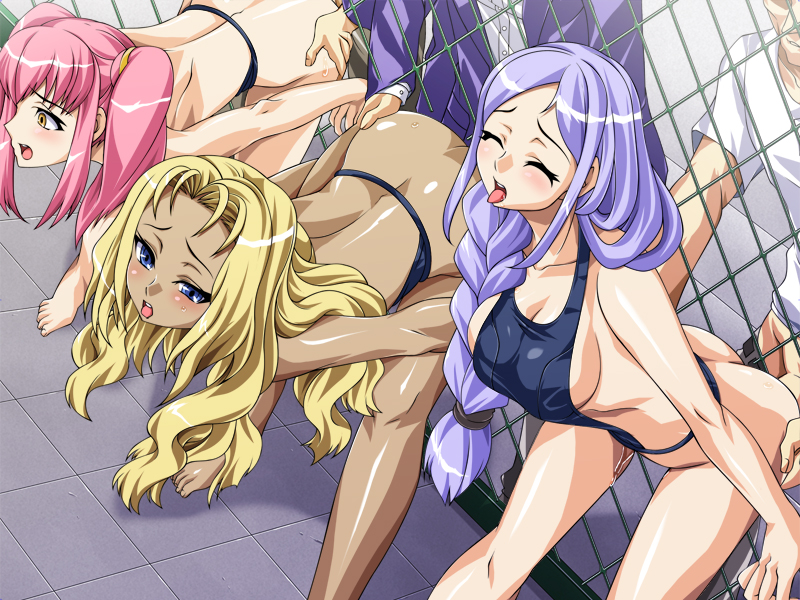 3boys 3girls artist_request barefoot blonde_hair blue_eyes blush breasts character_request cleavage closed_eyes clothed_sex covering dark_skin eyes_closed feet group_sex multiple_boys multiple_girls open_mouth orgy pink_hair purple_hair sex source_request swimsuit tiptoes tongue twintails uncensored yellow_eyes
