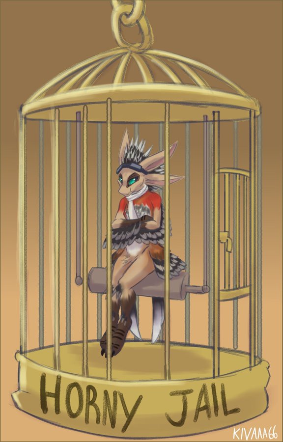 angry anthro avali bird_cage cage claws eyewear feathered_wings feathers go_to_horny_jail goggles kivalewds male meme pineapple_(character) scissor-tailed_flycatcher sitting wings