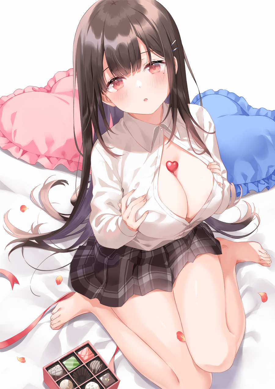 bed black_hair blush breast_hold breasts cleavage ears hair_ornament hairpin highres huge_breasts kurasawa_moko large_breasts long_hair open_clothes open_mouth open_shirt original pillow pink_eyes sitting skirt valentine very_long_hair