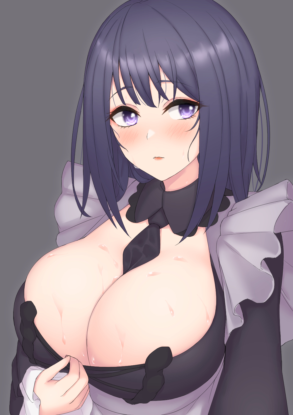 1girl bangs black_dress blush breasts cleavage collar dress etan14 gothic_lolita grey_background highres kitagawa_marin large_breasts lips lolita_fashion long_sleeves purple_eyes purple_hair short_hair simple_background sono_bisque_doll_wa_koi_wo_suru sweat sweating_profusely