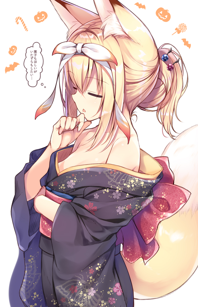 1girl animal_ear_fluff animal_ears bangs bare_shoulders black_kimono blonde_hair breasts closed_mouth collarbone dated eyebrows_visible_through_hair fox_ears fox_girl fox_tail hair_between_eyes hair_bun hair_ribbon hand_on_own_chin hand_up japanese_clothes kimono medium_breasts nozomi_tsubame obi off_shoulder original parted_lips ponytail ribbon sash simple_background solo suzuha_(nozomi_tsubame) tail translation_request twitter_username white_background white_ribbon